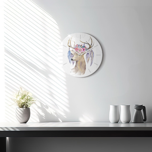 Orologio rotondo in vetro Testa di cervo e fiori
