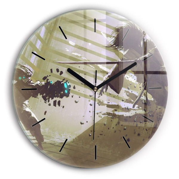 Orologio rotondo in vetro Combattimento tra robot e samurai