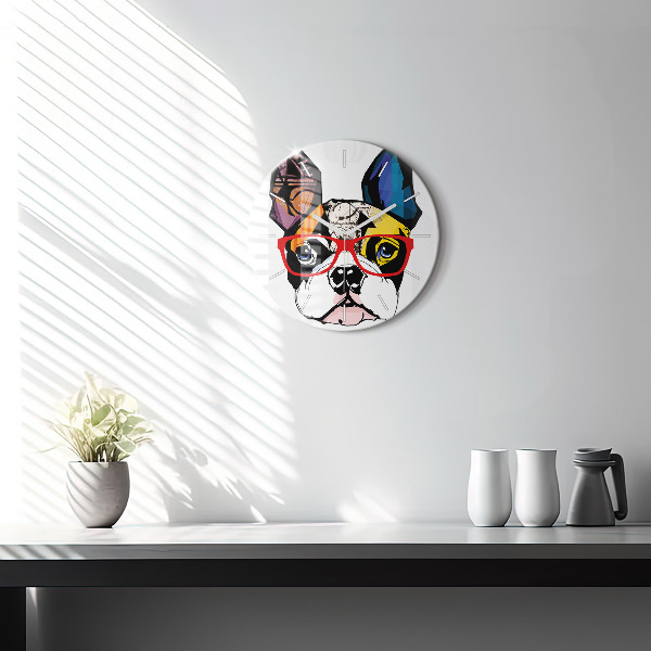 Orologio rotondo in vetro Bulldog francese con gli occhiali