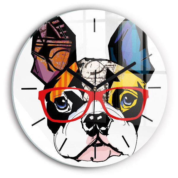 Orologio rotondo in vetro Bulldog francese con gli occhiali