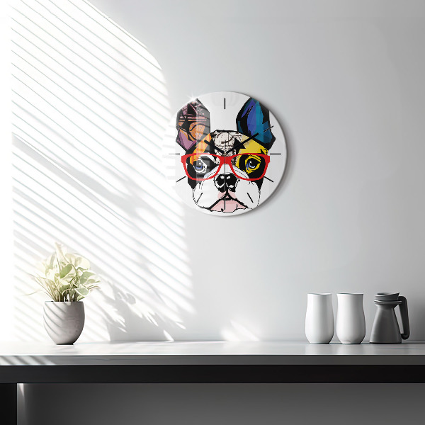 Orologio rotondo in vetro Bulldog francese con gli occhiali