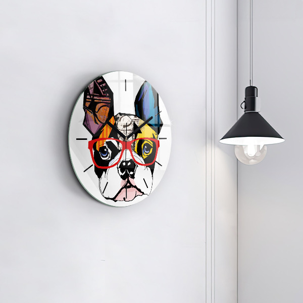 Orologio rotondo in vetro Bulldog francese con gli occhiali