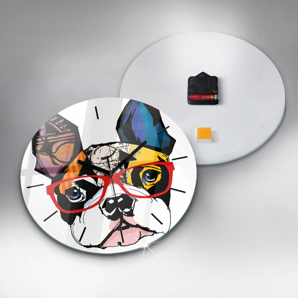 Orologio rotondo in vetro Bulldog francese con gli occhiali