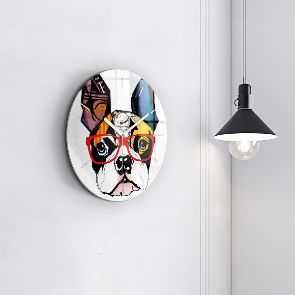 Orologio rotondo in vetro Bulldog francese con gli occhiali