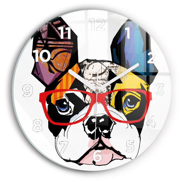 Orologio rotondo in vetro Bulldog francese con gli occhiali