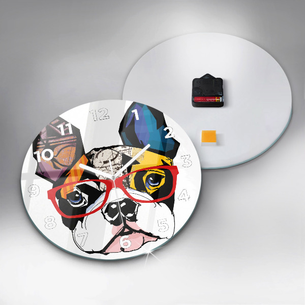 Orologio rotondo in vetro Bulldog francese con gli occhiali