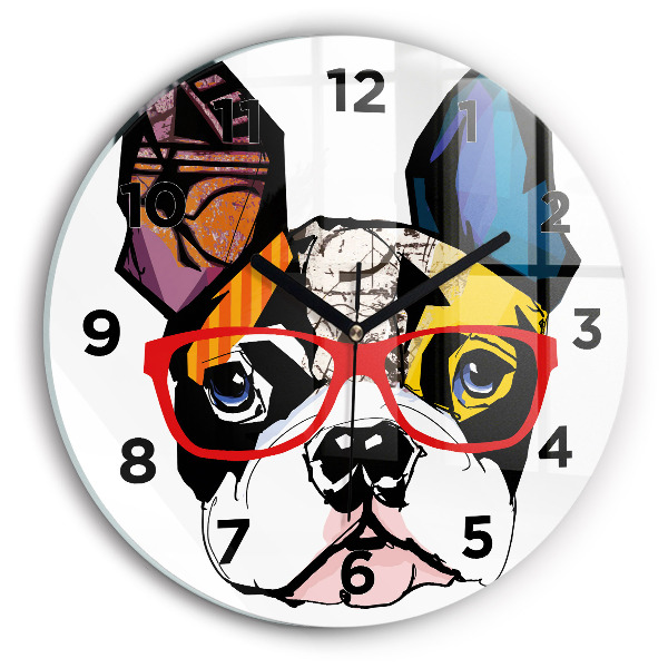 Orologio rotondo in vetro Bulldog francese con gli occhiali