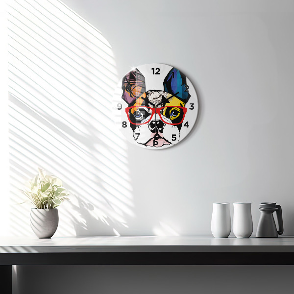 Orologio rotondo in vetro Bulldog francese con gli occhiali