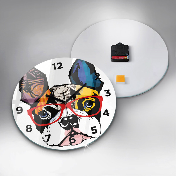 Orologio rotondo in vetro Bulldog francese con gli occhiali