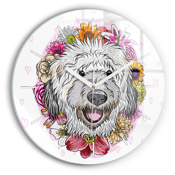 Orologio rotondo in vetro Cane felice tra i fiori