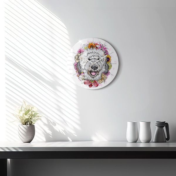 Orologio rotondo in vetro Cane felice tra i fiori