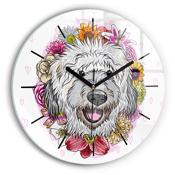 Orologio rotondo in vetro Cane felice tra i fiori