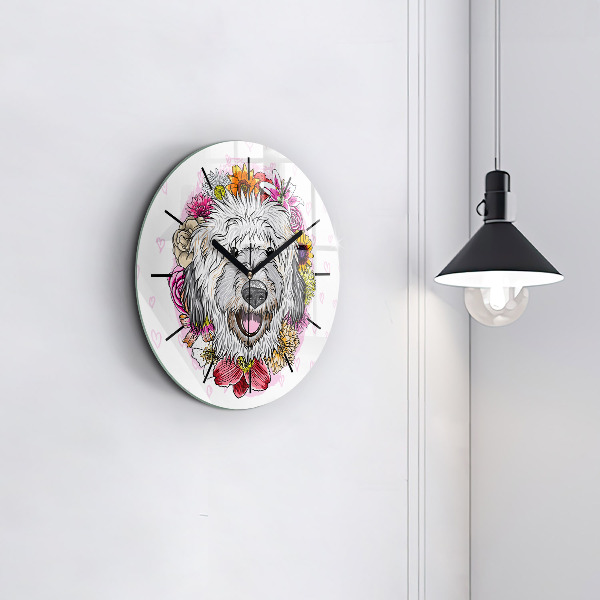 Orologio rotondo in vetro Cane felice tra i fiori