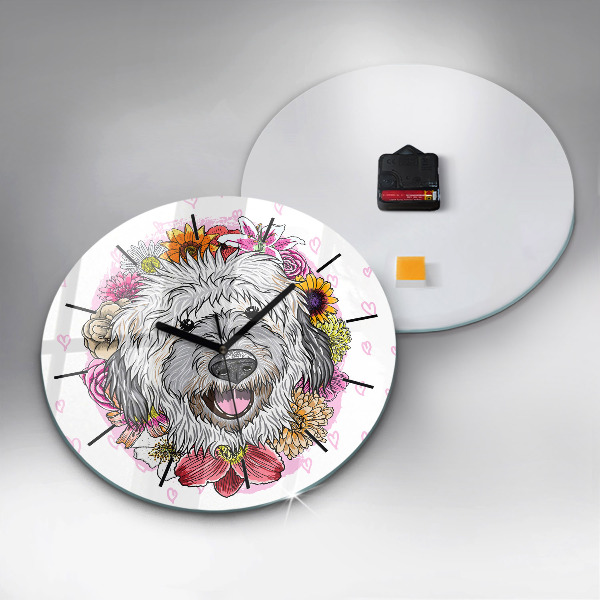 Orologio rotondo in vetro Cane felice tra i fiori