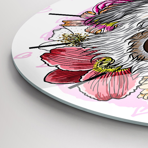 Orologio rotondo in vetro Cane felice tra i fiori