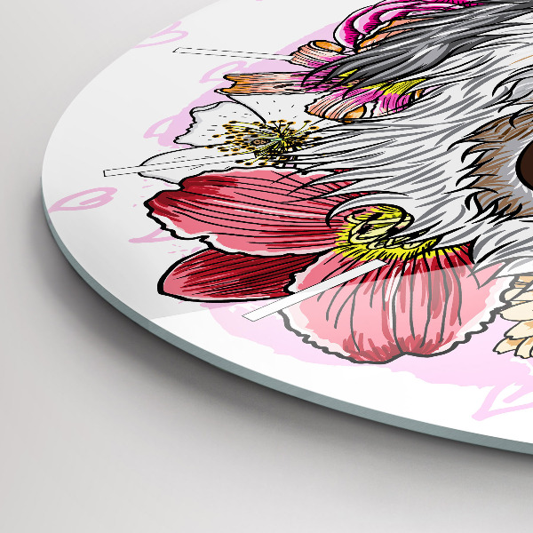 Orologio rotondo in vetro Cane felice tra i fiori