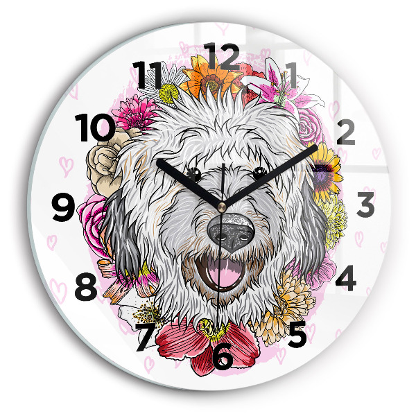 Orologio rotondo in vetro Cane felice tra i fiori