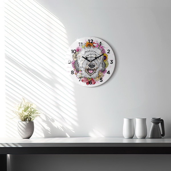 Orologio rotondo in vetro Cane felice tra i fiori