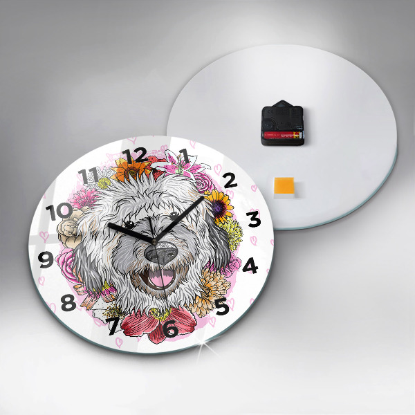 Orologio rotondo in vetro Cane felice tra i fiori