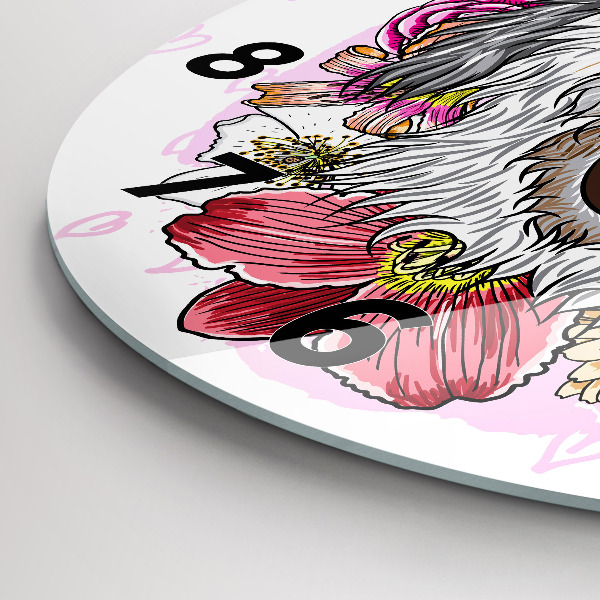 Orologio rotondo in vetro Cane felice tra i fiori