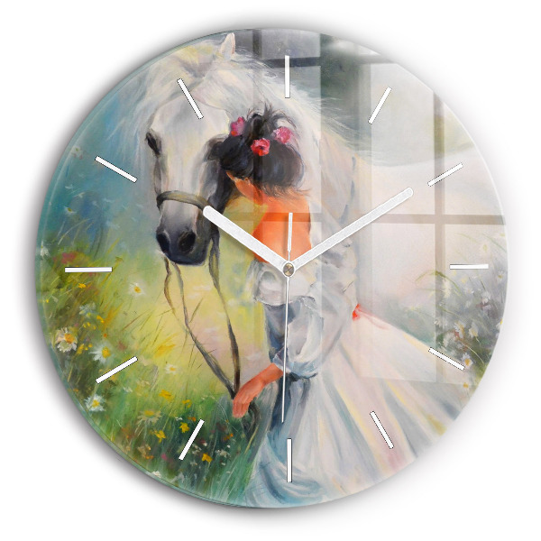 Orologio rotondo in vetro Bella donna con un cavallo