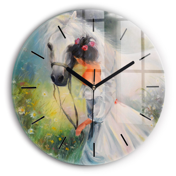 Orologio rotondo in vetro Bella donna con un cavallo