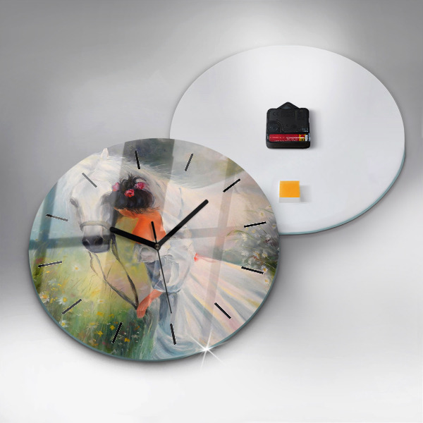 Orologio rotondo in vetro Bella donna con un cavallo