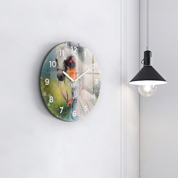 Orologio rotondo in vetro Bella donna con un cavallo