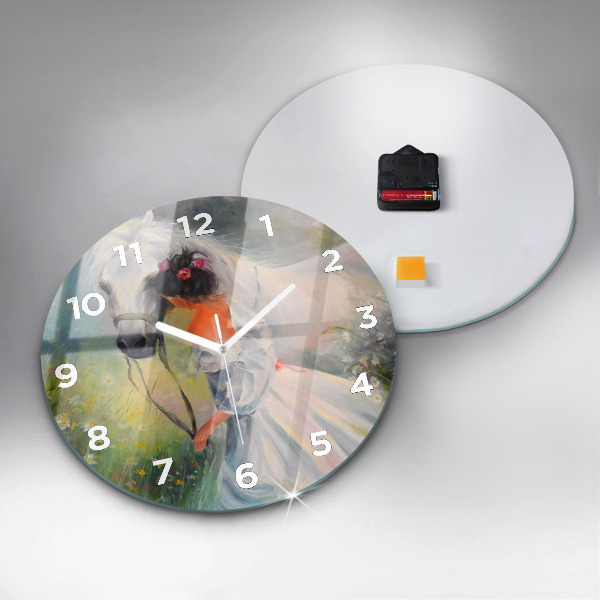 Orologio rotondo in vetro Bella donna con un cavallo