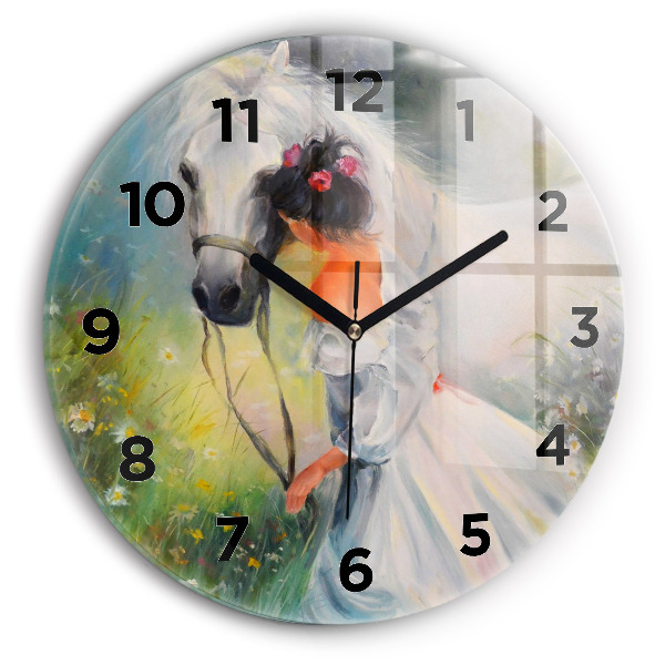 Orologio rotondo in vetro Bella donna con un cavallo