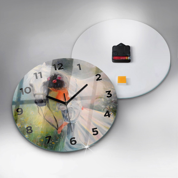 Orologio rotondo in vetro Bella donna con un cavallo