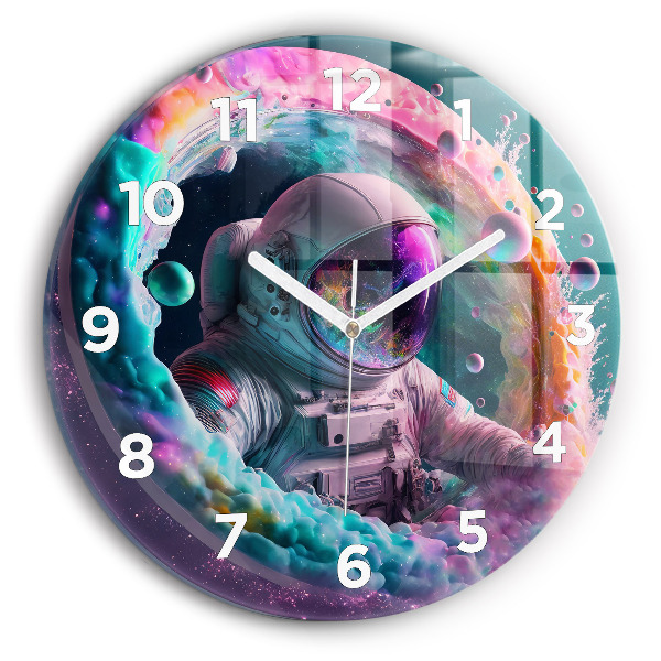 Orologio rotondo in vetro Cosmonauta e nuvole colorate