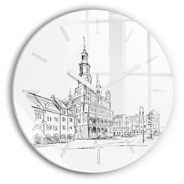 Orologio rotondo in vetro Schizzo della città vecchia di Poznań