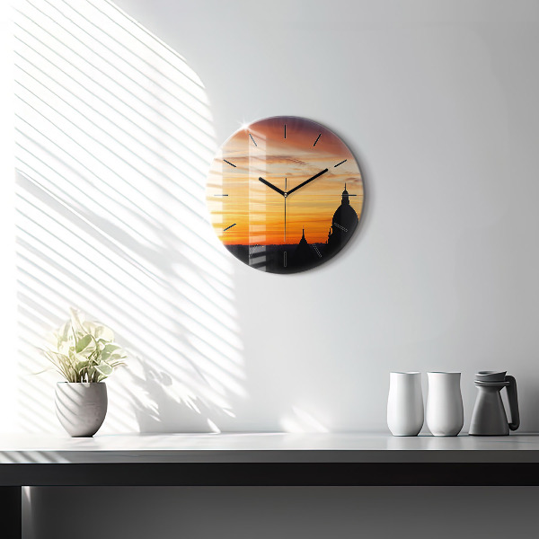 Orologio rotondo in vetro Edificio e tramonto