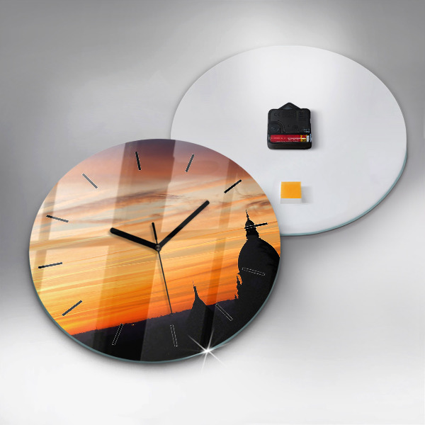 Orologio rotondo in vetro Edificio e tramonto