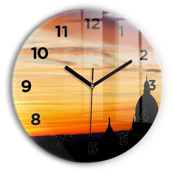 Orologio rotondo in vetro Edificio e tramonto