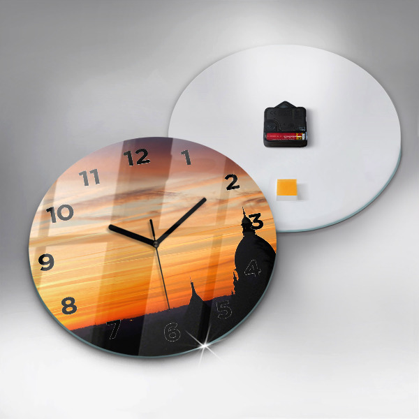 Orologio rotondo in vetro Edificio e tramonto