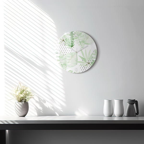 Orologio rotondo in vetro Foglie verdi